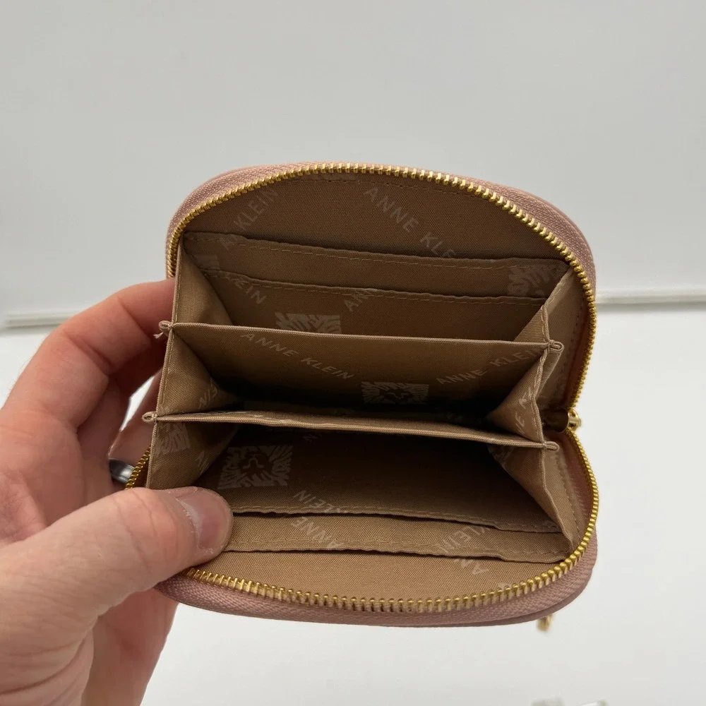 Anne Klein Dusty Rose Pebbled Zip Around Small Wallet Keychain Coin Purse Gold